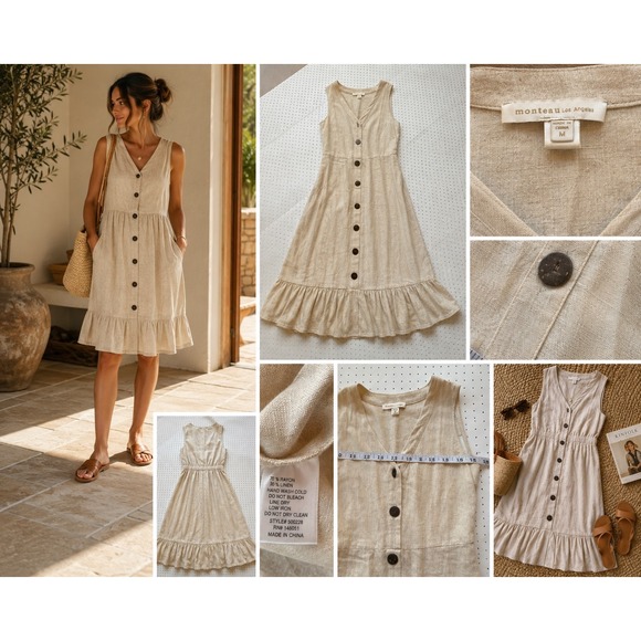 Monteau Los Angeles Dresses & Skirts - Monteau Los Angeles Linen Blend Button Front Midi Dress Beige Ruffle Hem M